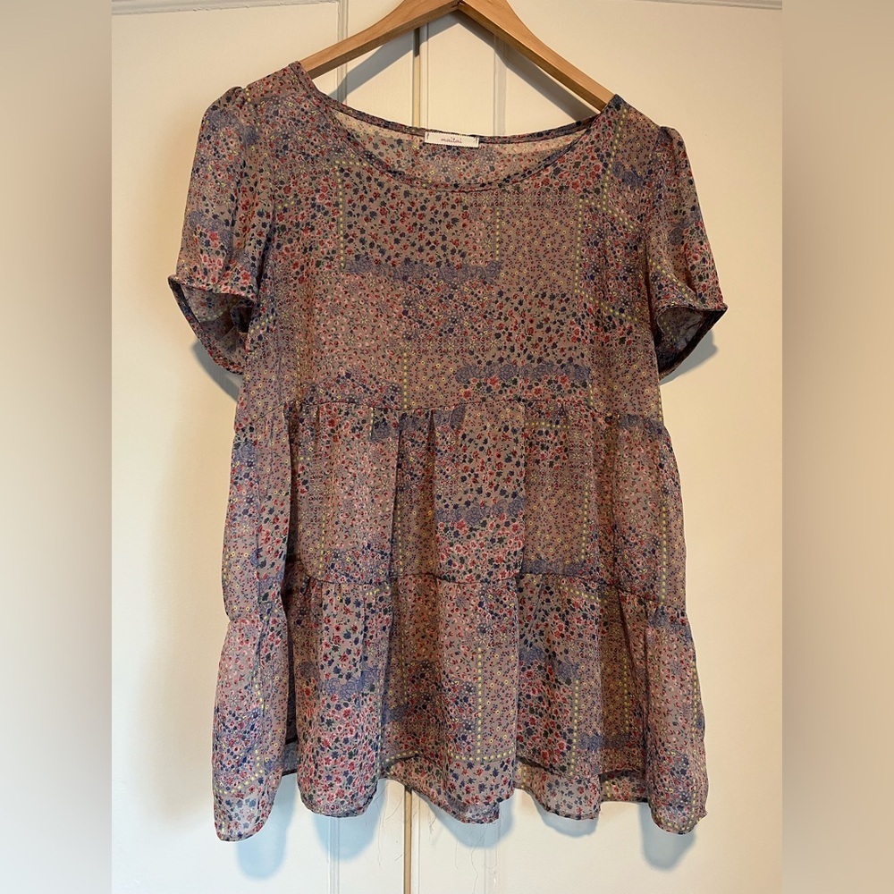 Maitai Floral Sheer Short Sleeve Tiered Blouse